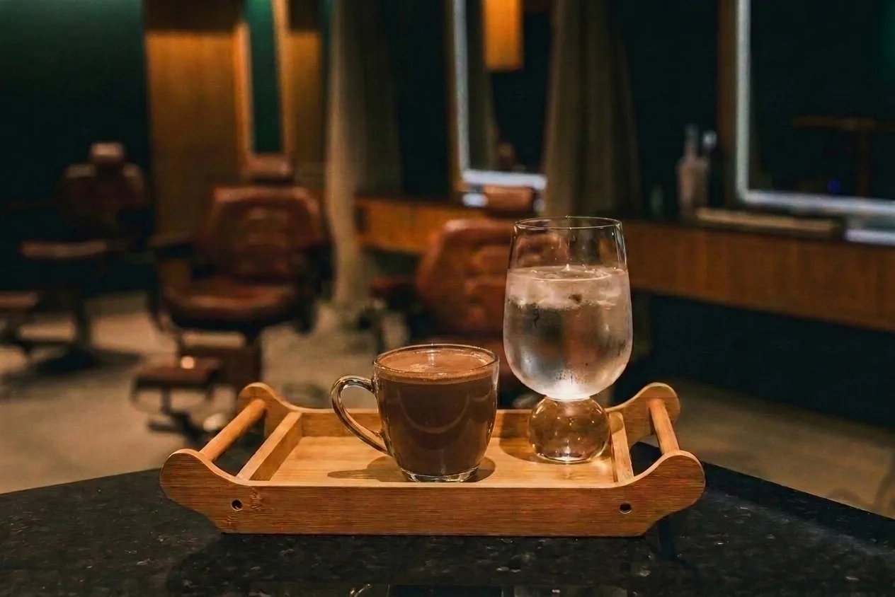 Chocolate quente servido como cortesia na Kanon Barbearia