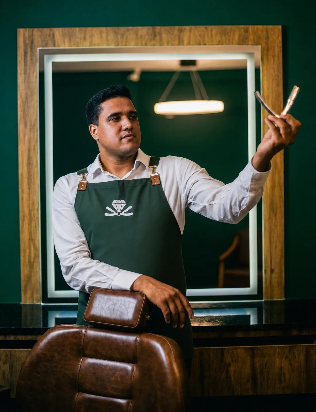 Profissional responsável técnico da Kanon Barbearia em frente ao espelho